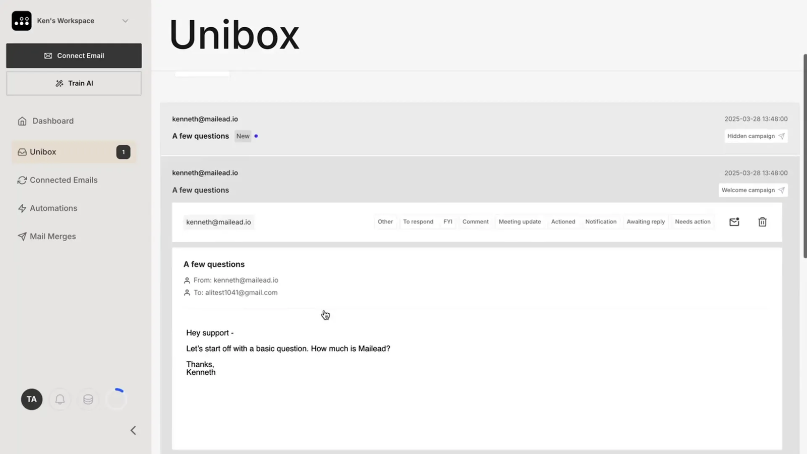 Airfive Unibox showing email drafts and replies