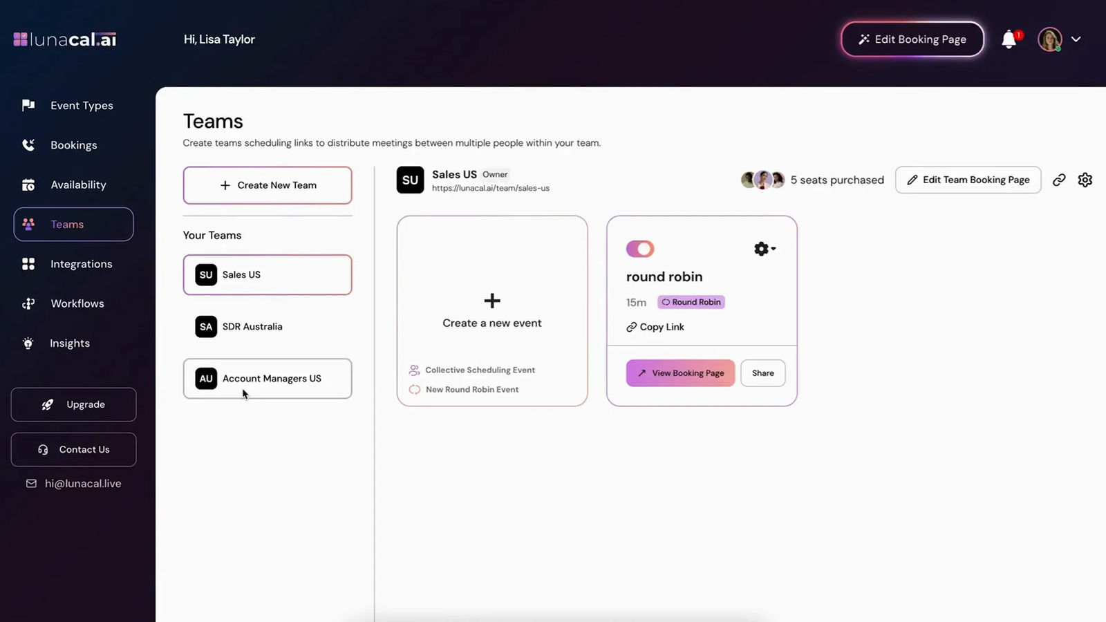 Shared team scheduling page with round robin lead assignment