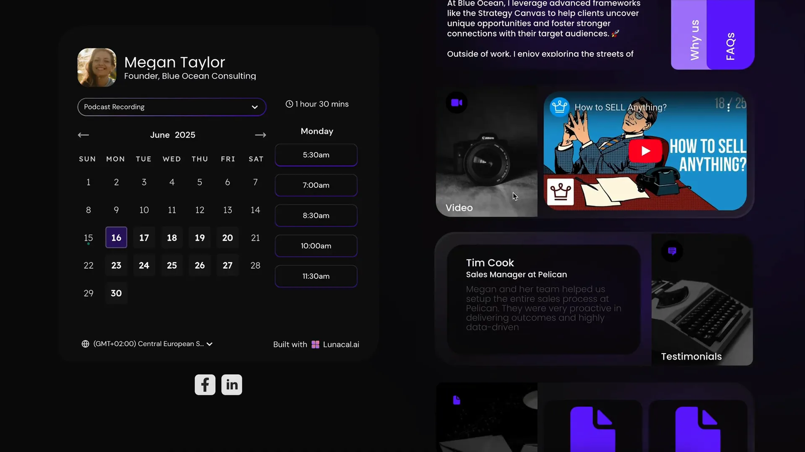 Lunacal interface showing embedded video and testimonials on a scheduling page