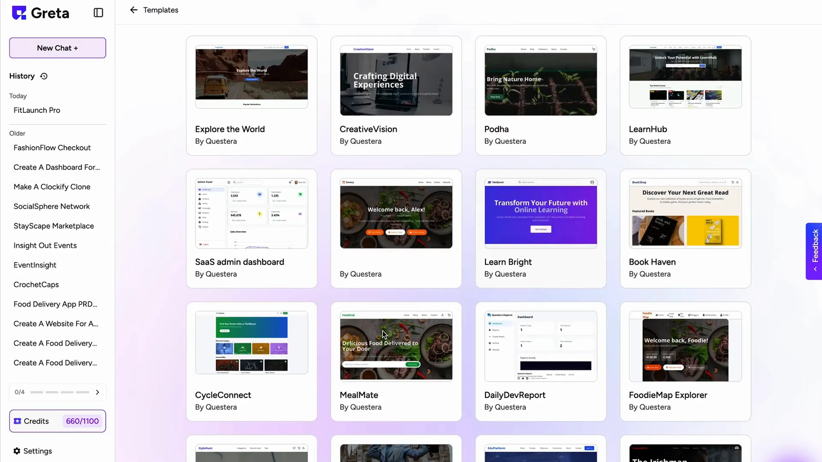 Greta dashboard showing app templates and GitHub import option