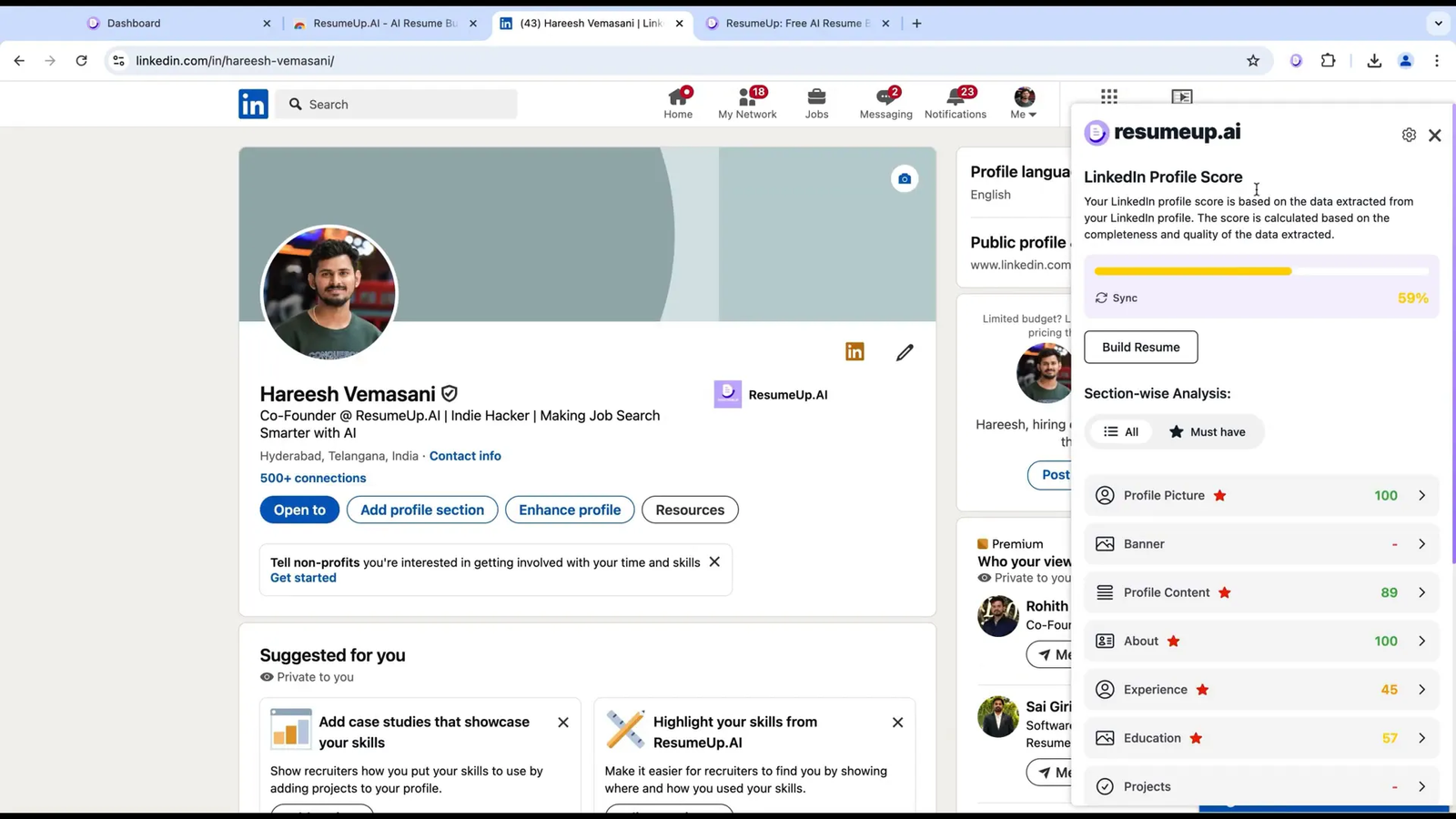 LinkedIn profile optimization with ResumeUp.AI Chrome extension