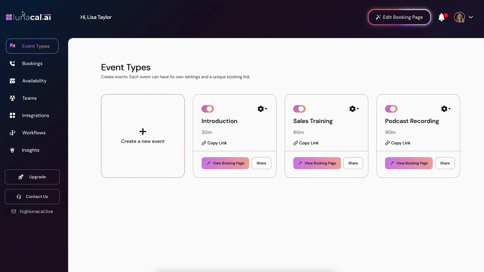 Lunacal dashboard showing multiple event types and payment integration