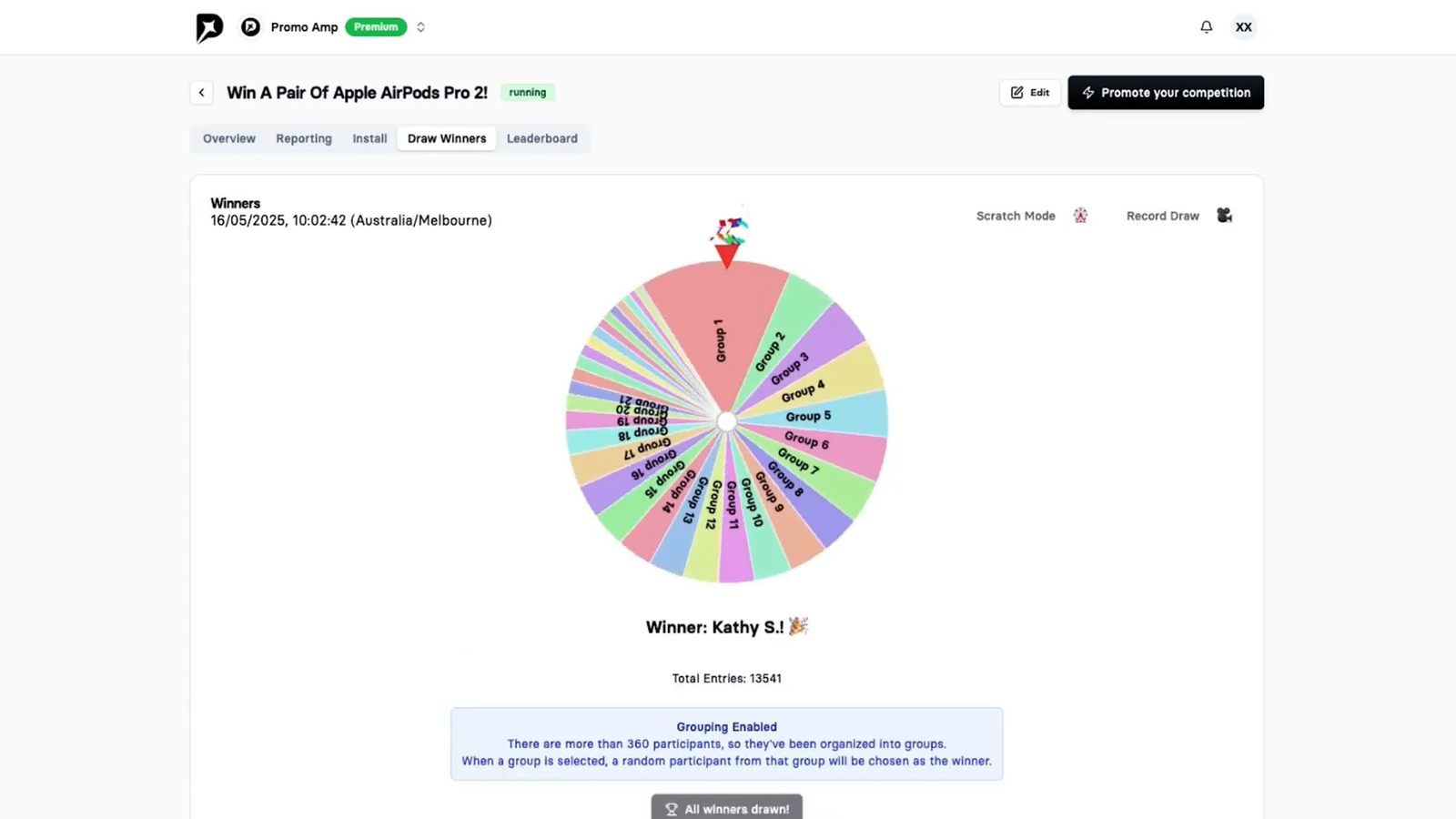 Spinning the winner selection wheel on Promo Amp