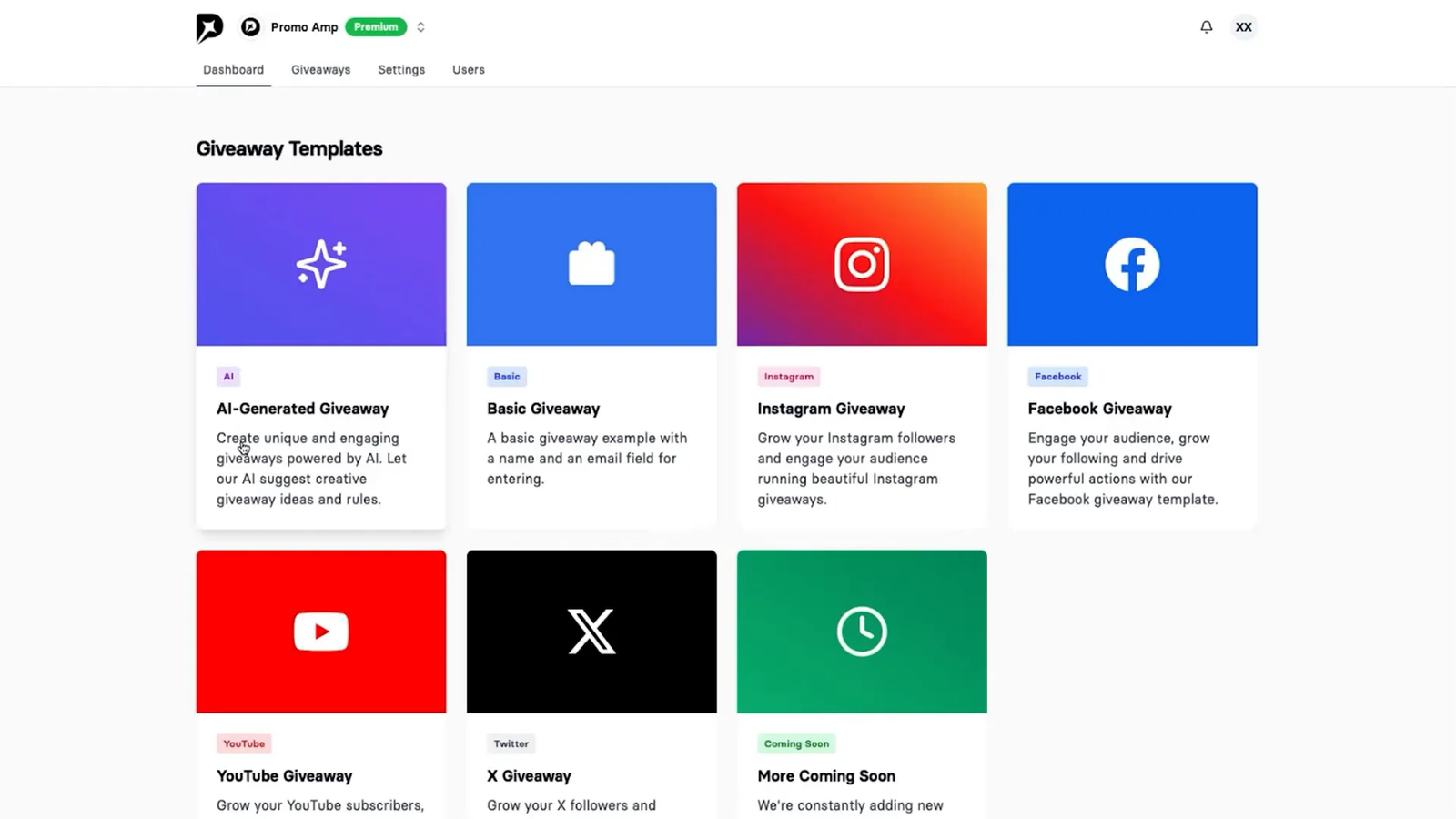 Selection of giveaway templates on Promo Amp
