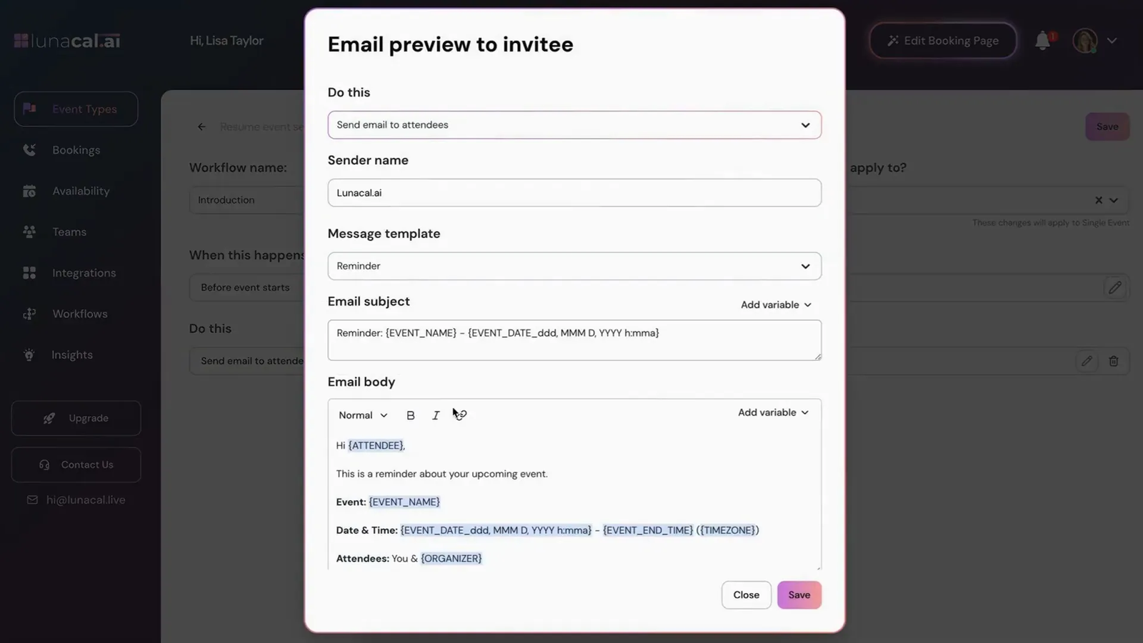 Lunacal automation dashboard showing reminders and cancellation workflows