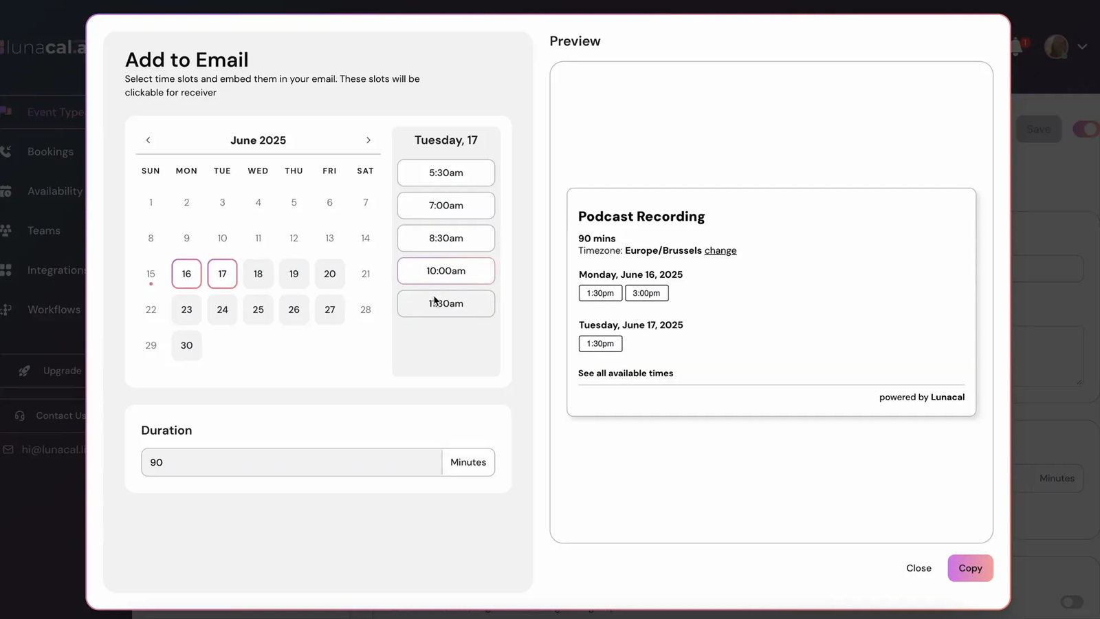 Example of a customized booking invite with specific time slots