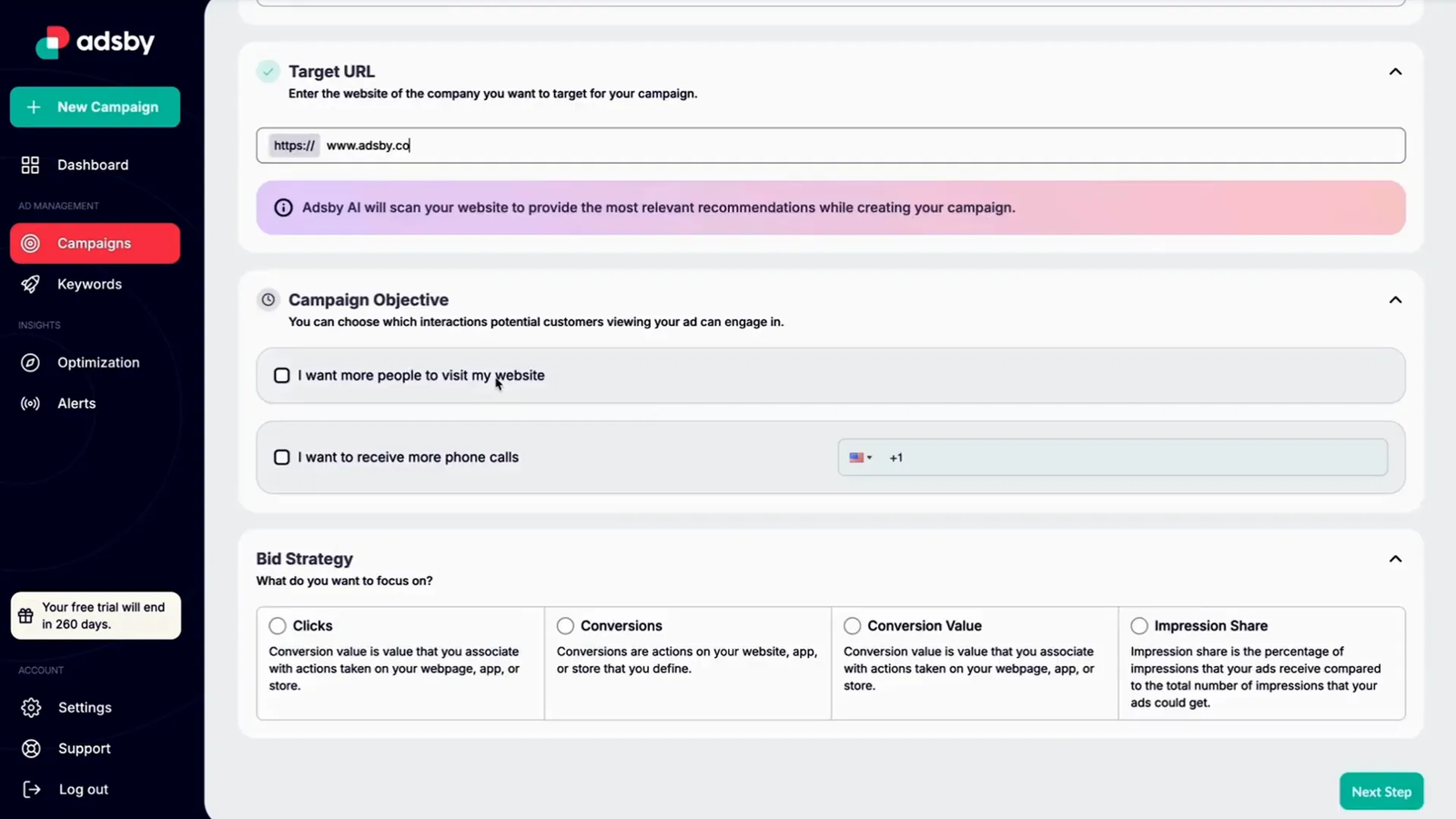 Adsby campaign objectives and language options