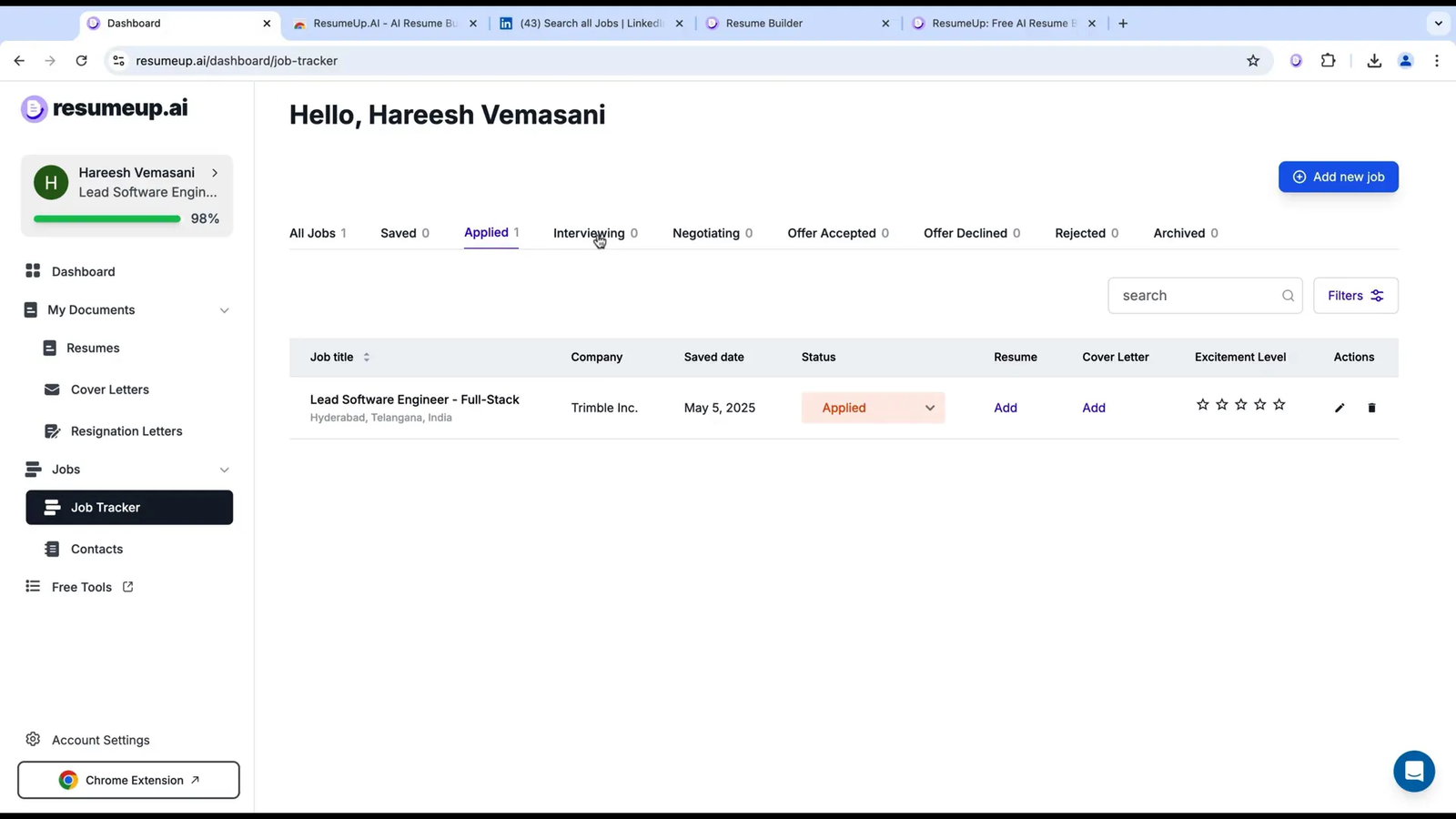 Job application tracker dashboard with status updates