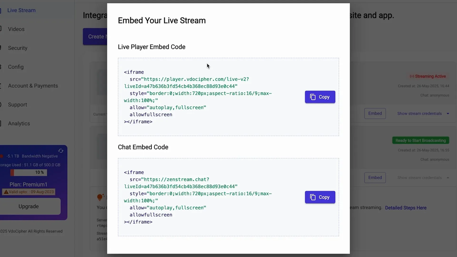 Embed codes for live player and chat interface