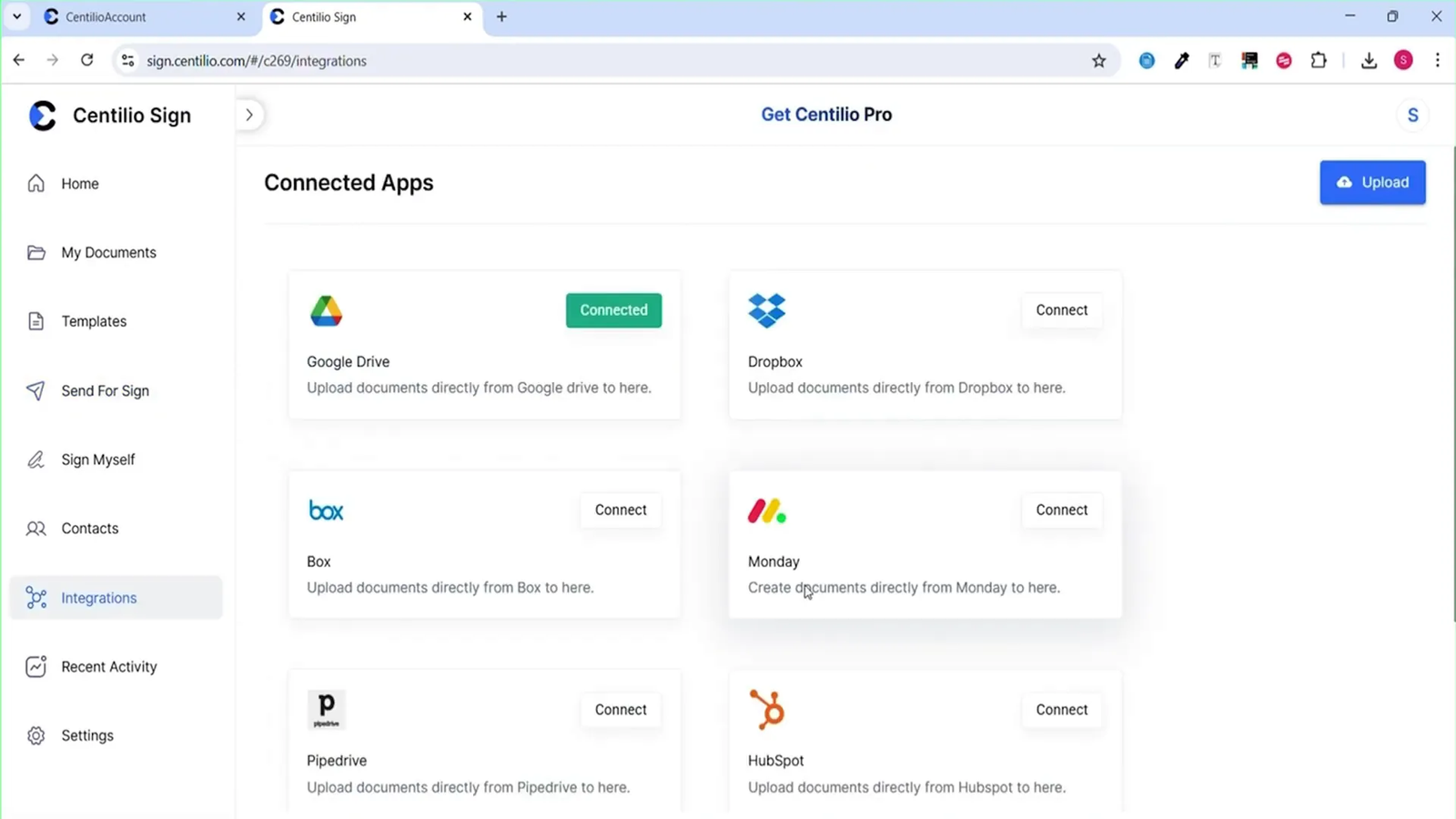 Integration options with cloud drives and CRMs in Centilio Sign