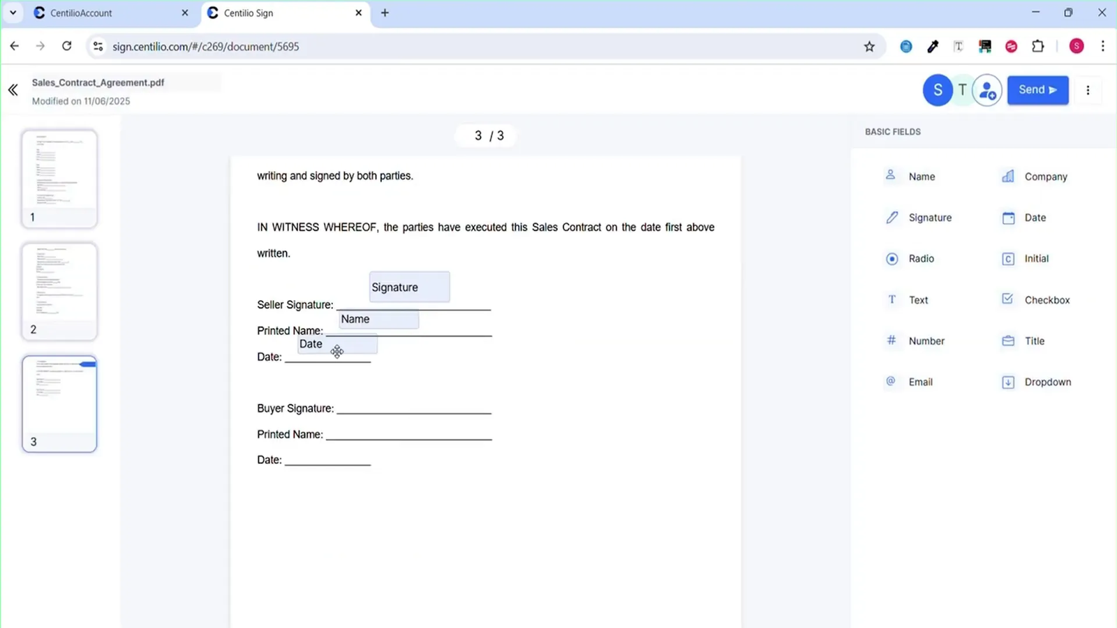 Dragging and dropping signature fields in Centilio Sign