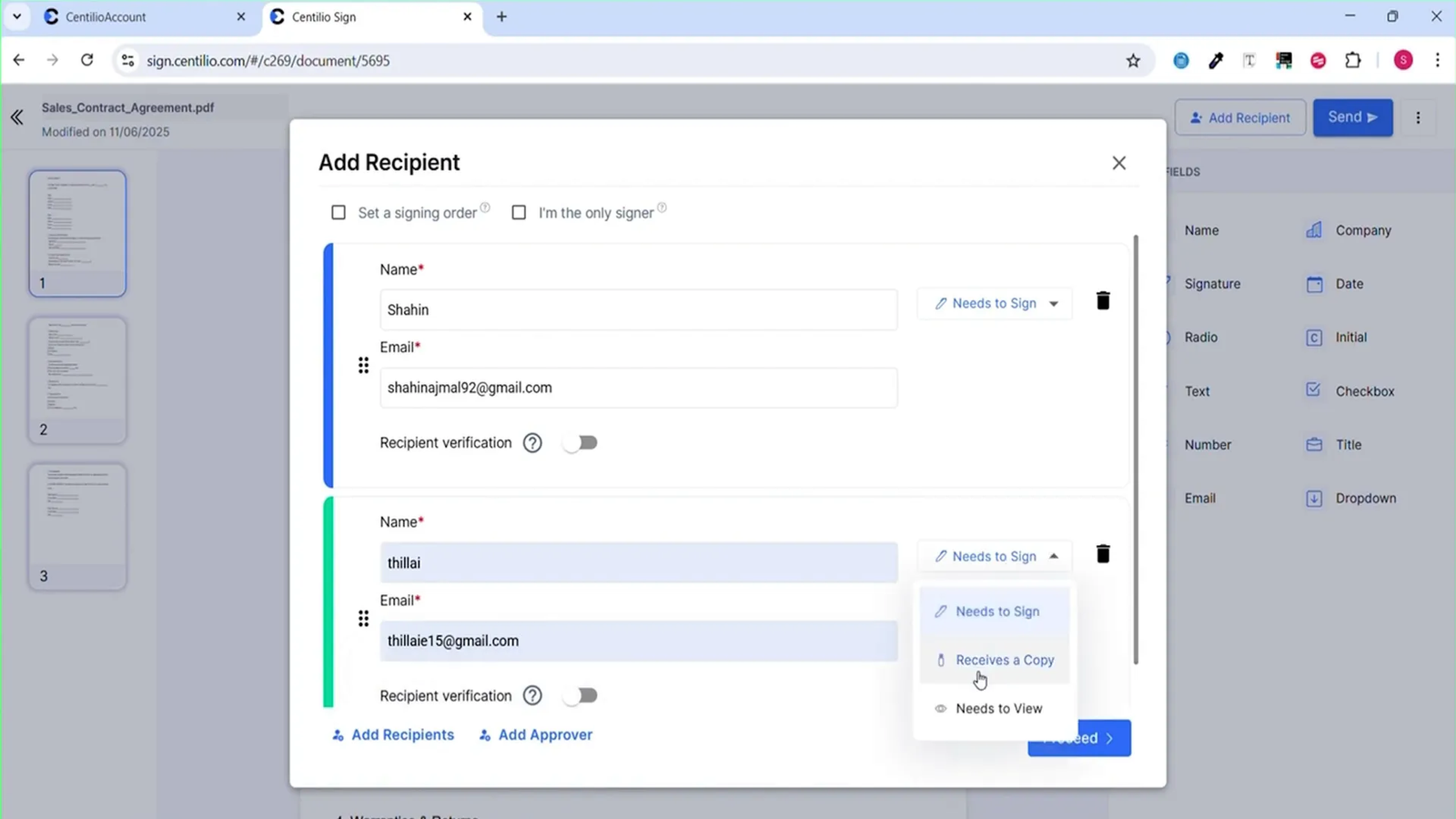 Uploading a document and selecting recipients in Centilio Sign