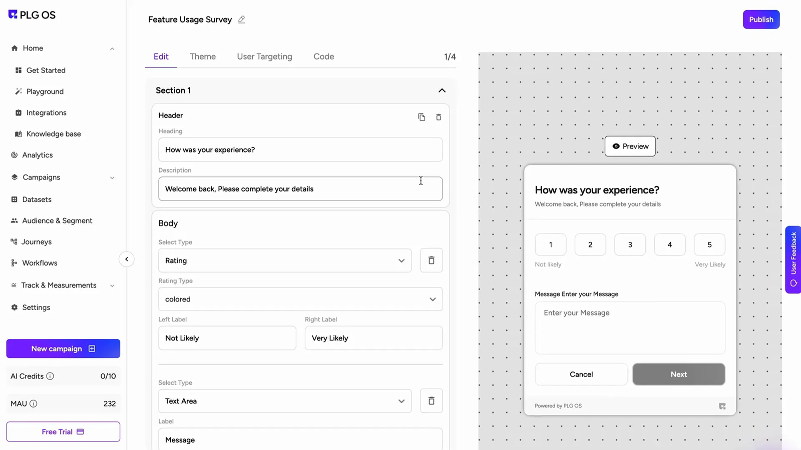 Customizable NPS surveys and pop-ups in PLG OS