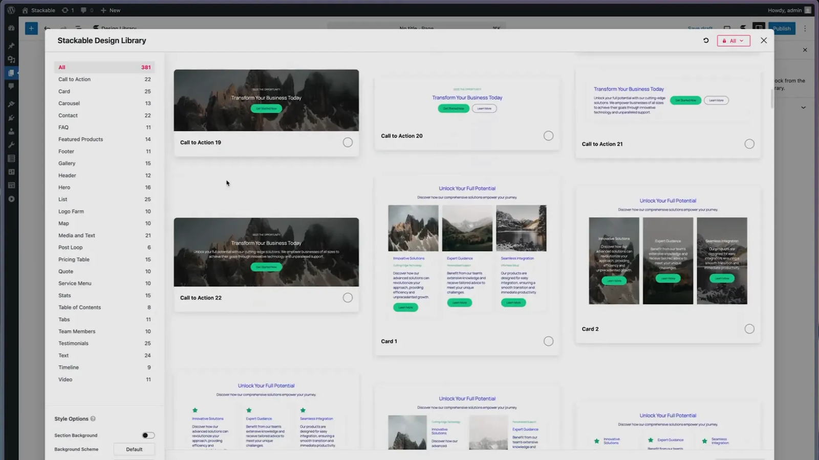 Stackable’s pre-made layouts including testimonials and pricing tables