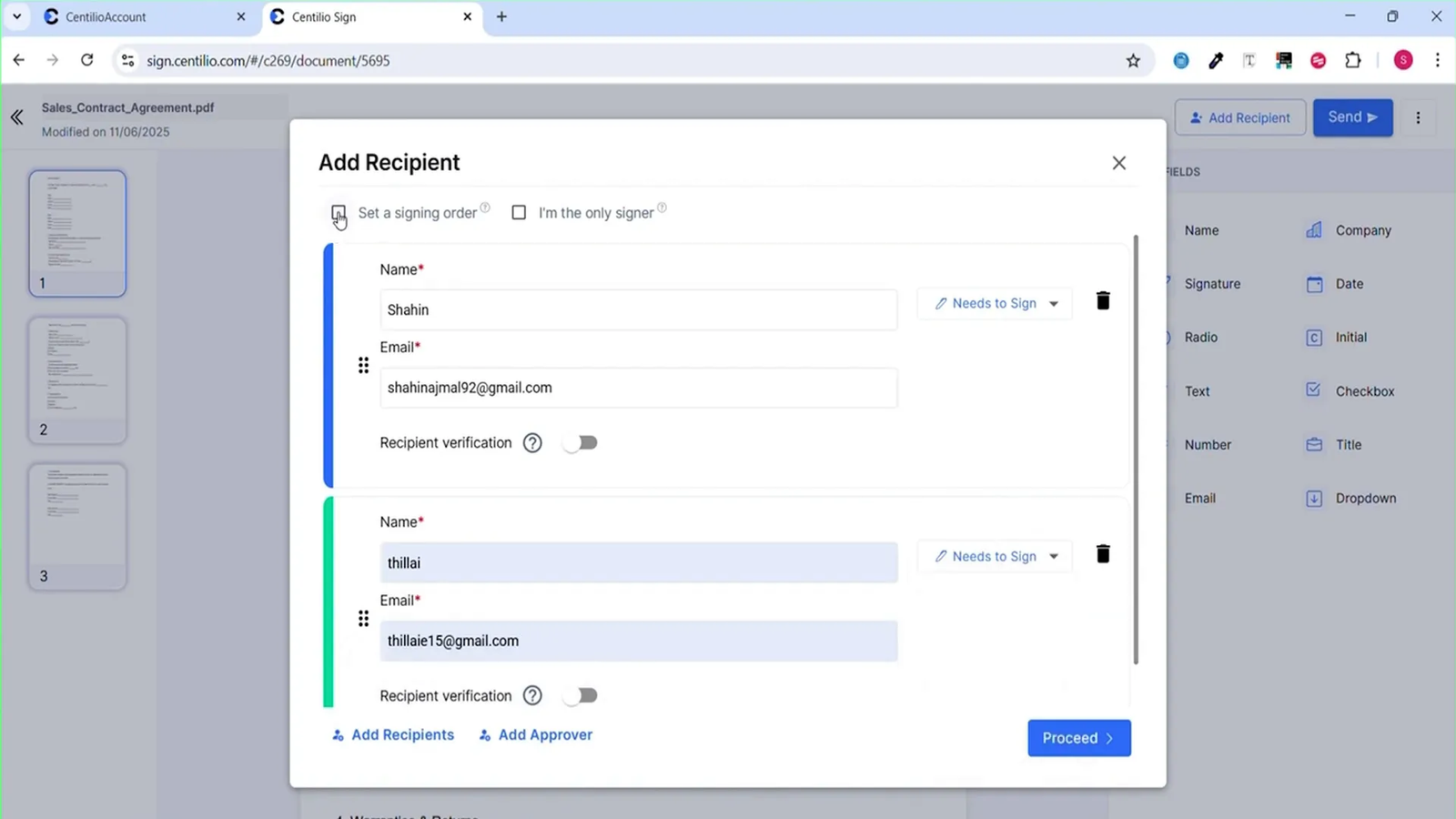 Customizing signing order and adding approvers in Centilio Sign
