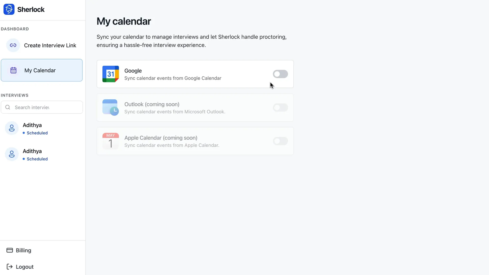 Connecting Google Calendar to Sherlock for interview scheduling