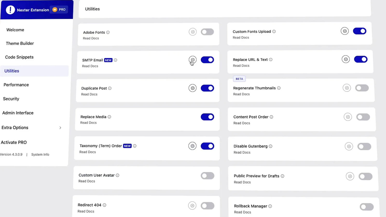 Nexter site extensions control panel with performance and security options