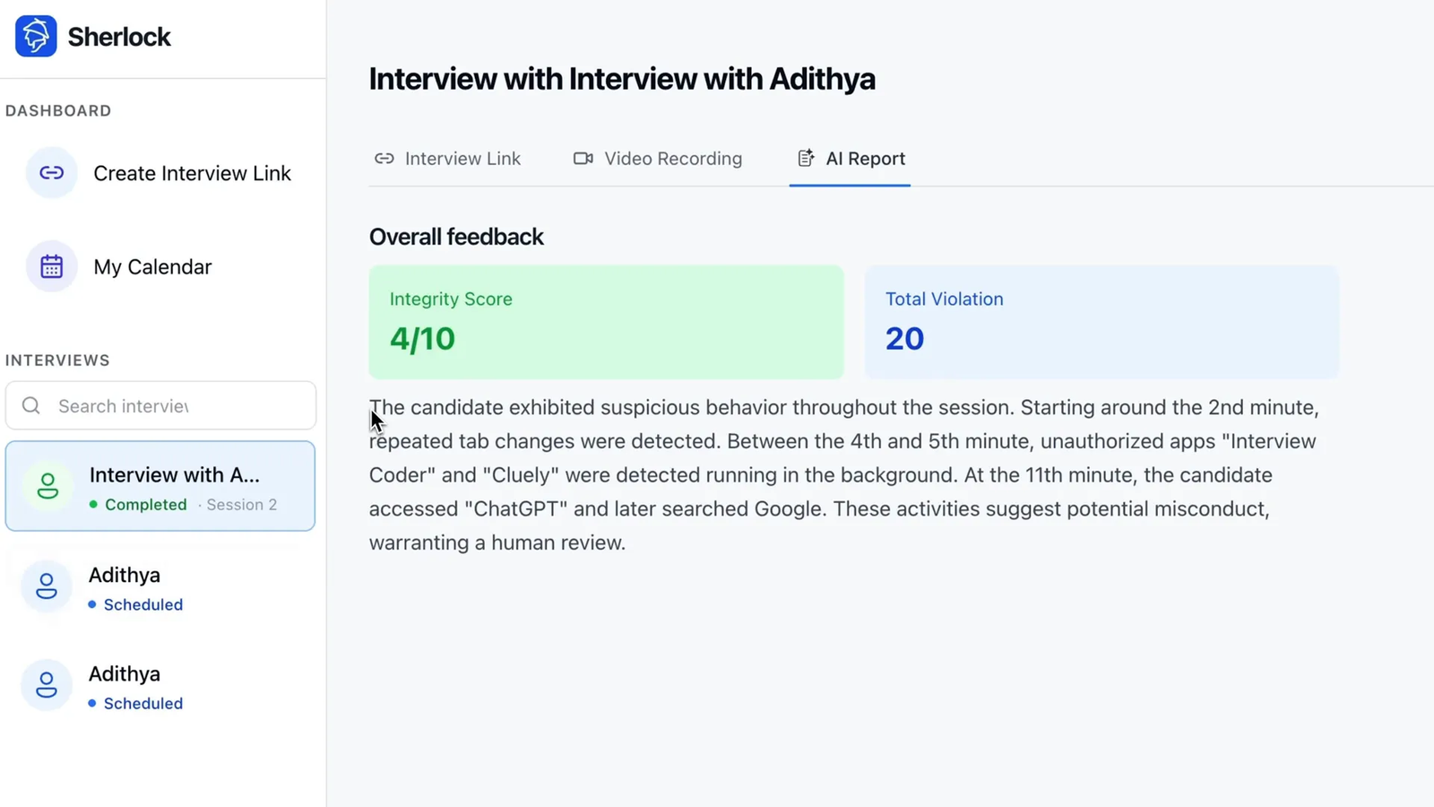 AI summary report showing candidate behavior and flagged issues