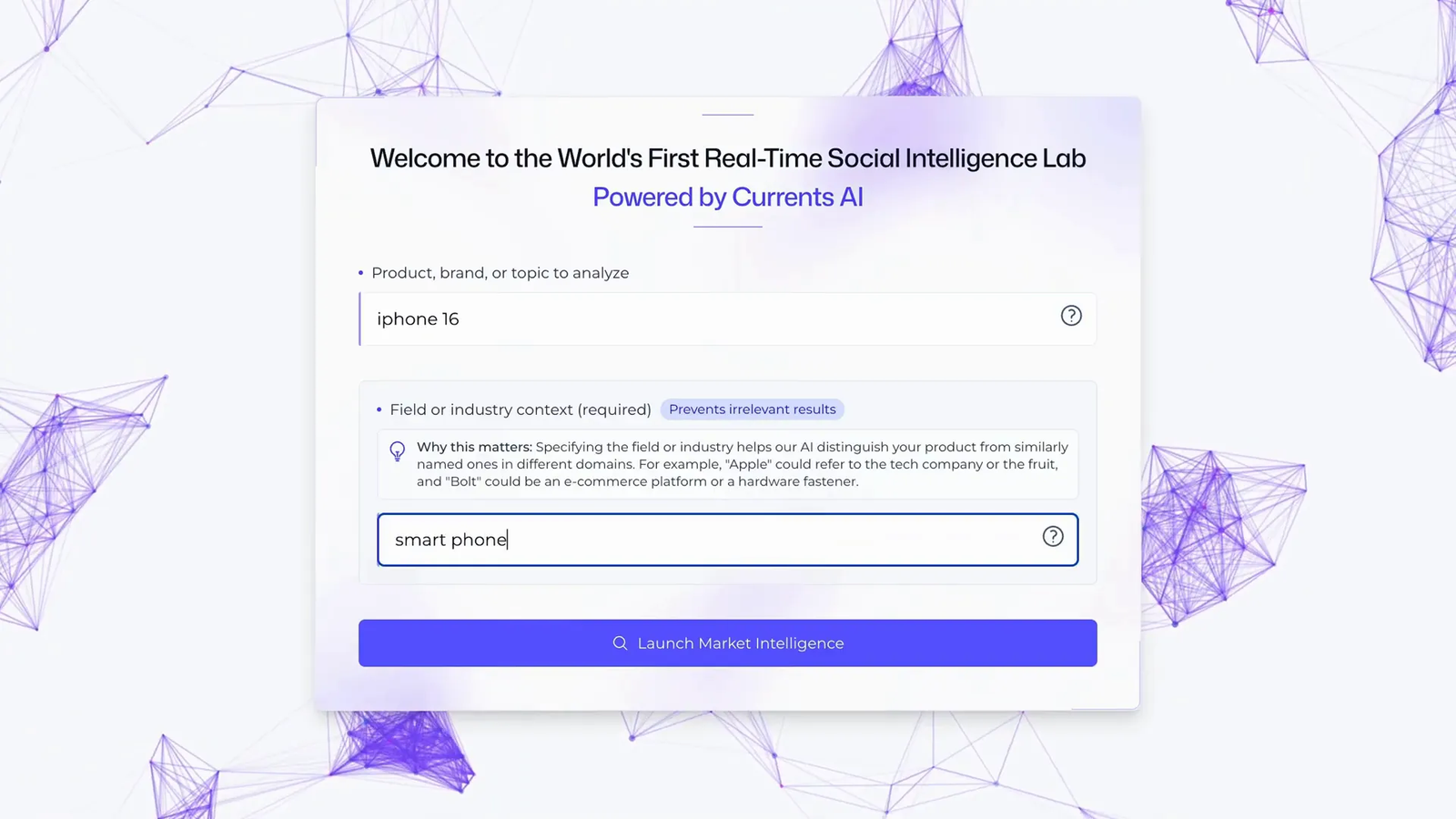 Entering a product example like 'iPhone sixteen' into Currents