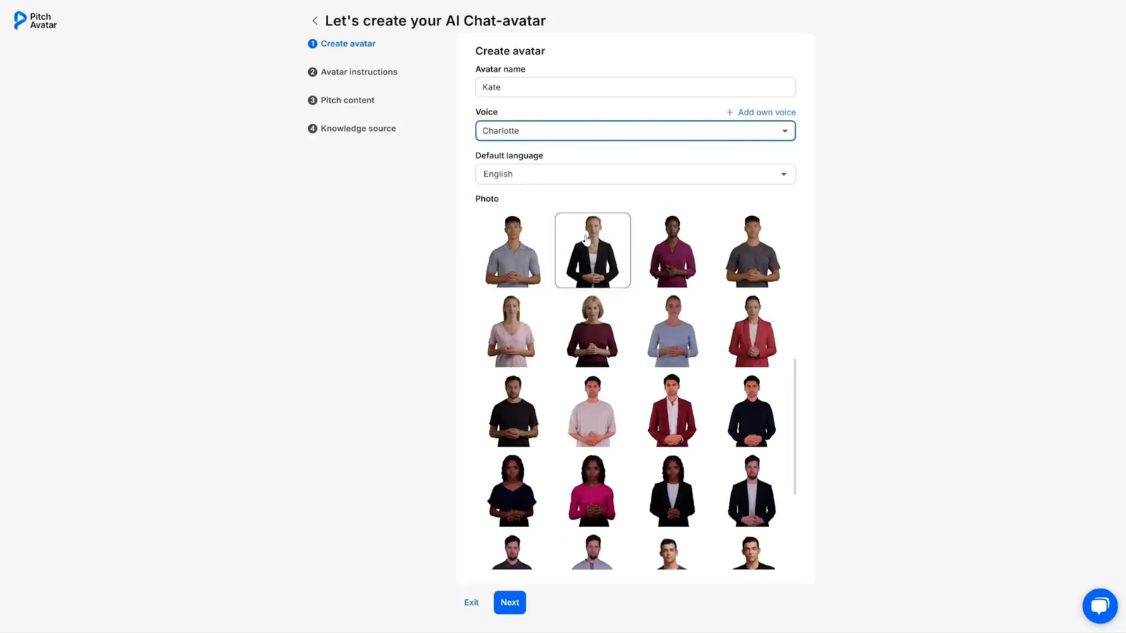 User selecting avatar appearance, voice, and language