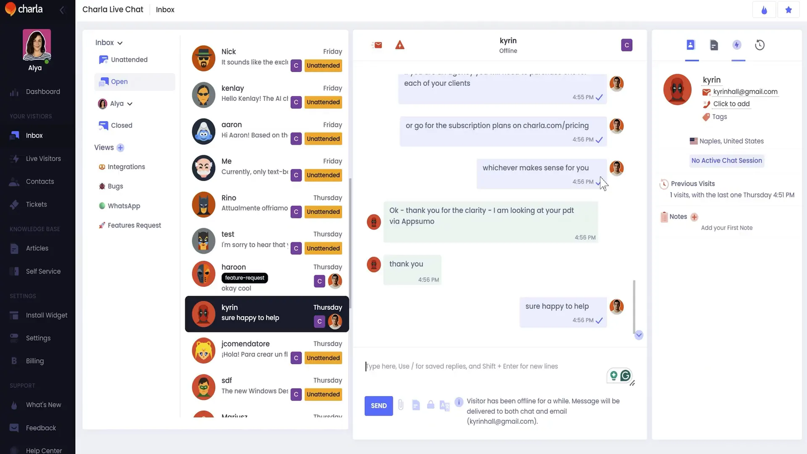 Charla unified inbox showing website and social channels