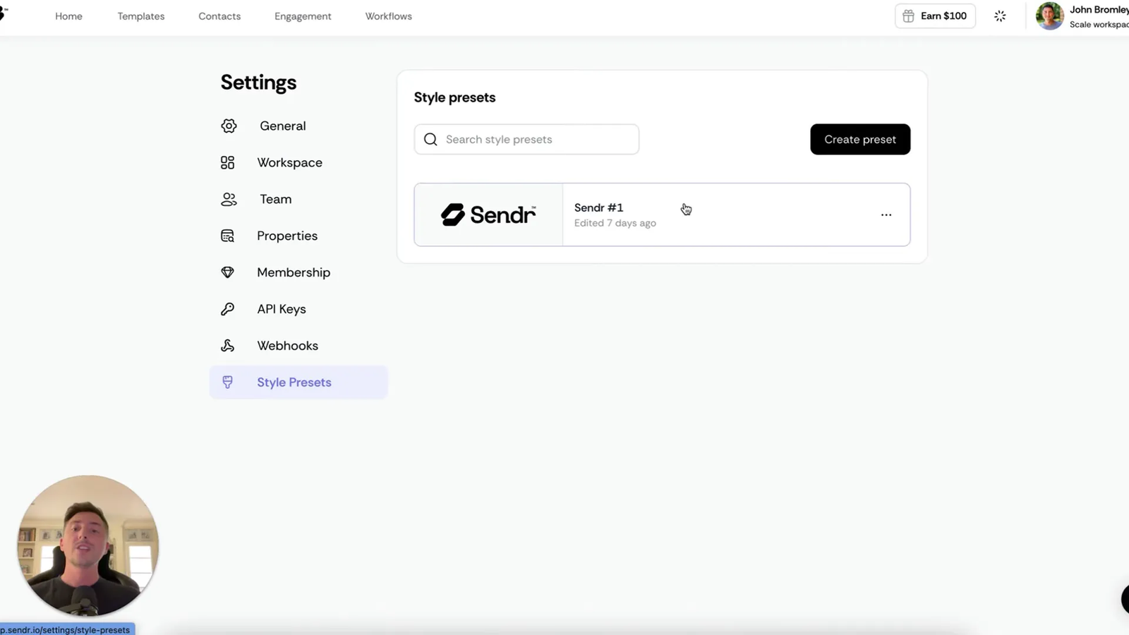Settings page showing style presets configuration