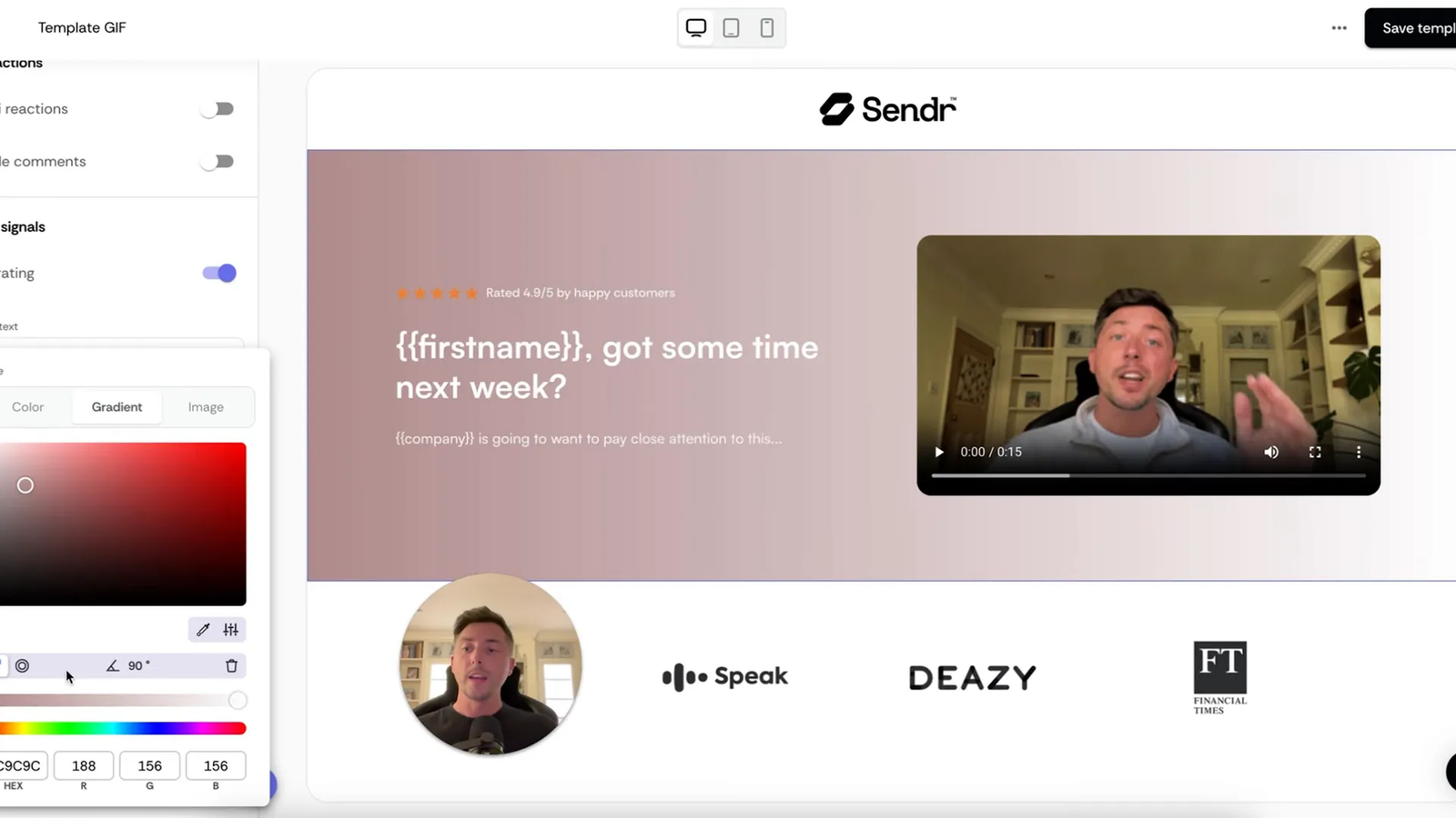 Gradient picker and selection in page template settings